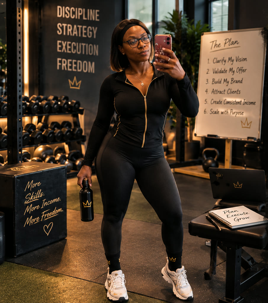 The bootcamp founder in the gym beside a whiteboard of the six-step plan