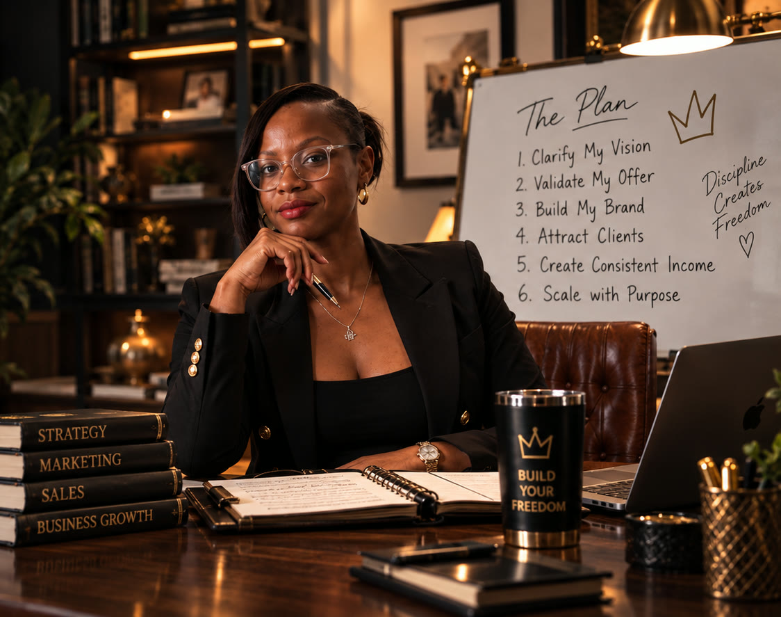 The bootcamp founder seated at her desk in front of a whiteboard outlining The Plan